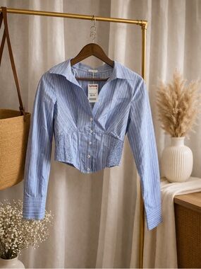 T.J.Maxx Light Blue & White Striped Cropped Button-Down Shirt